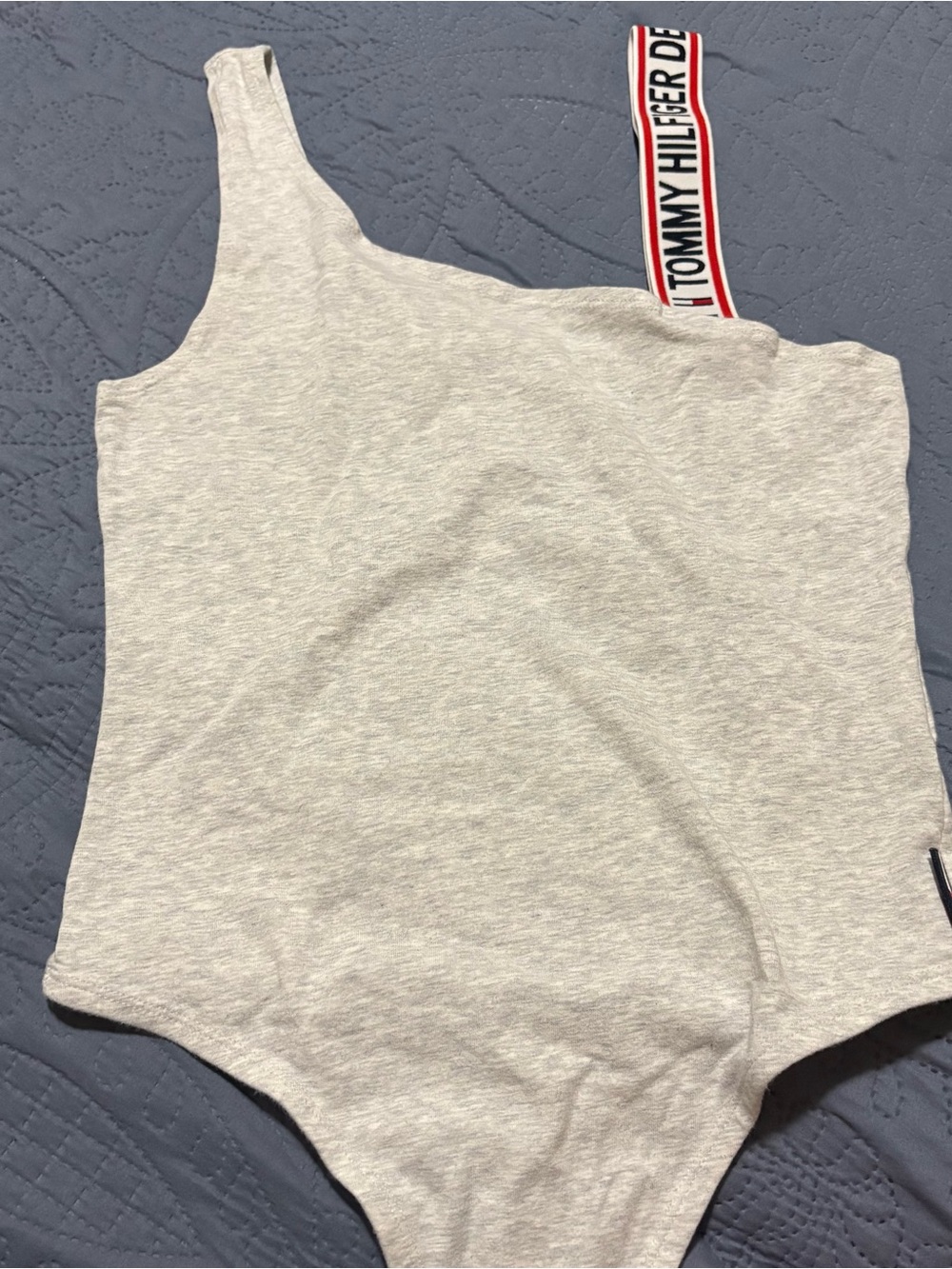 Tommy Hilfiger Light Heather Gray One-Shoulder Bodysuit with Logo Strap